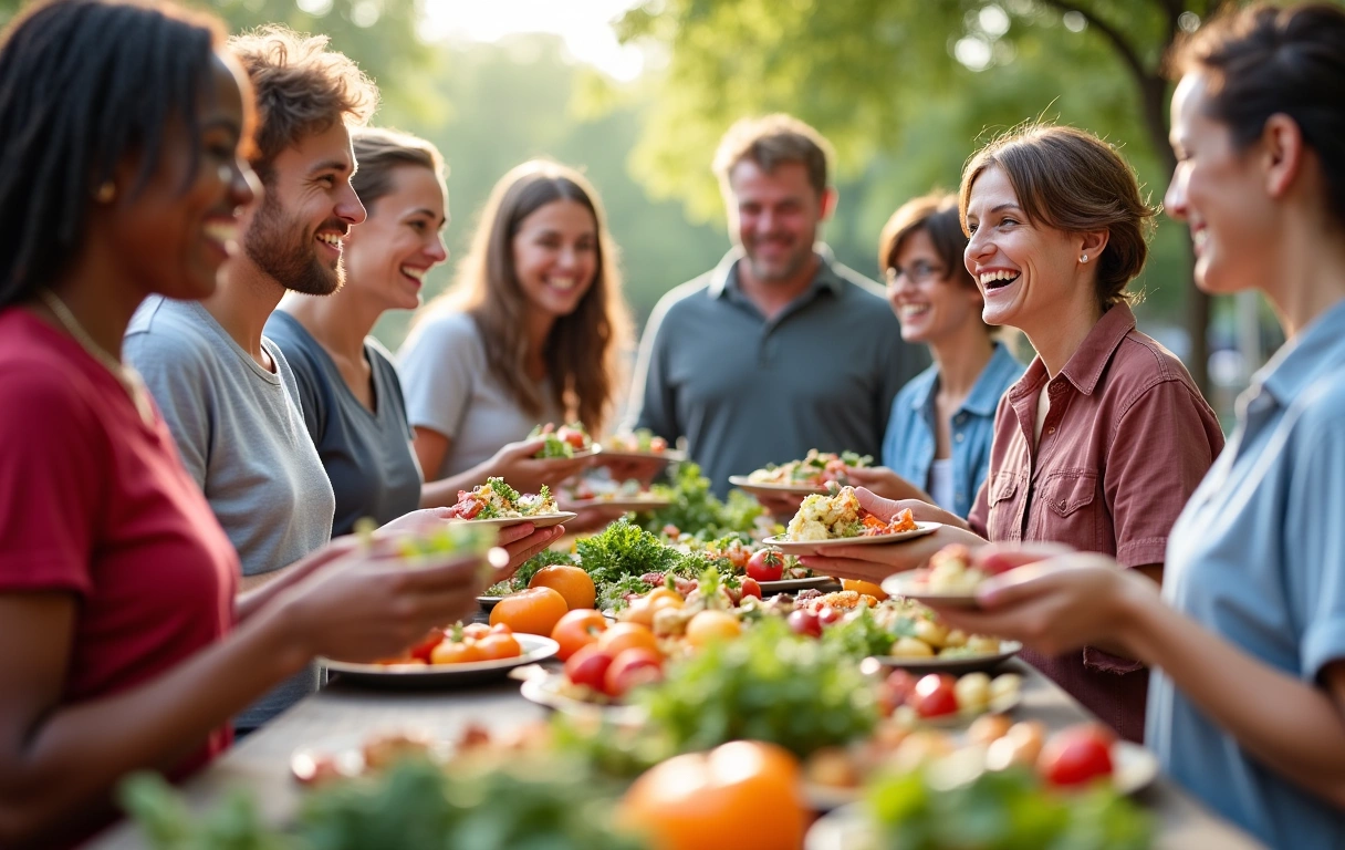 Diverse group of people enjoying healthy food together, symbolizing community and well-being