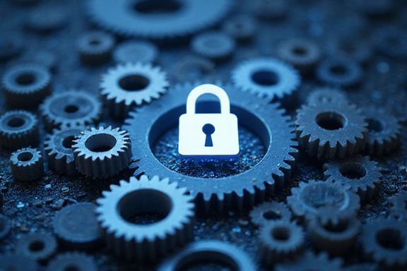 Illustration of data processing with gears and a secure lock icon